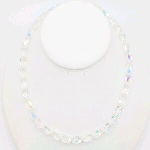 Crystal Collar Necklace Clear Aurora Borealis 17" Faceted Barrel Beads Sparkly